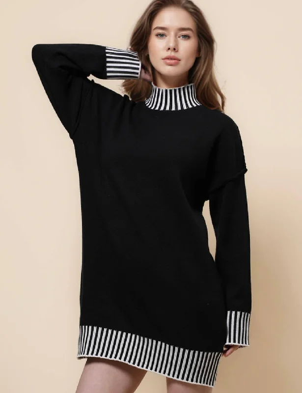 Ladies Mock Neck Color Block Sweater Dress SKD41233 Chenille Brocade Lace