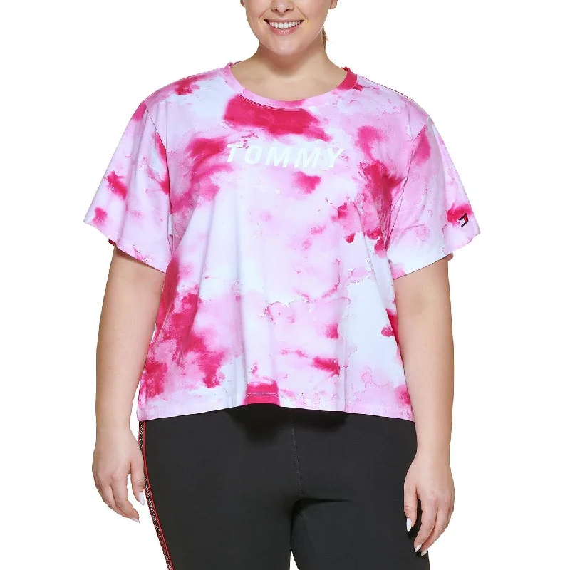 Tommy Hilfiger Sport Womens Plus Tie-dyed Activewear Crop Top Striped Floral Plaid
