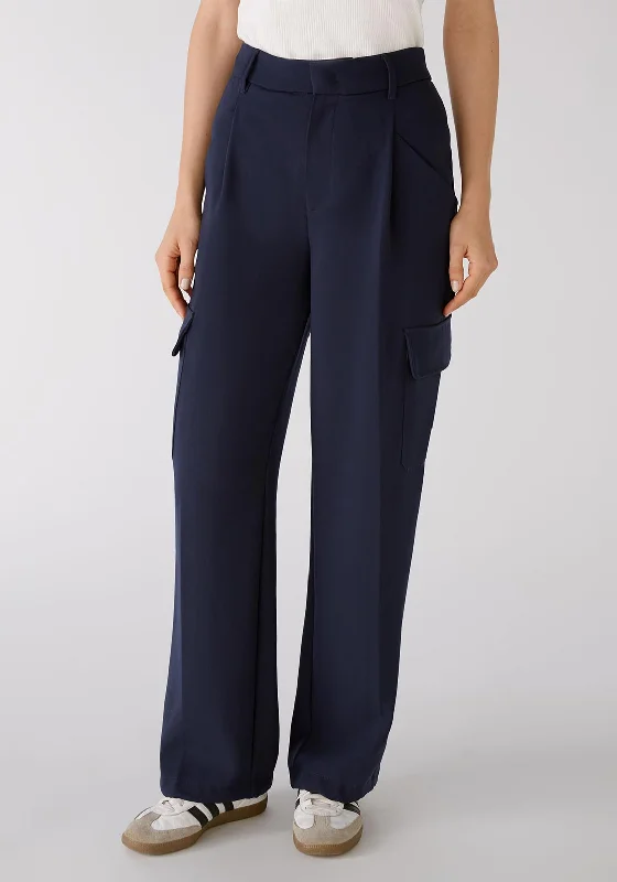 OUI Wide Leg Cargo Trouser, Dark Blue Trousers Bridal Satin