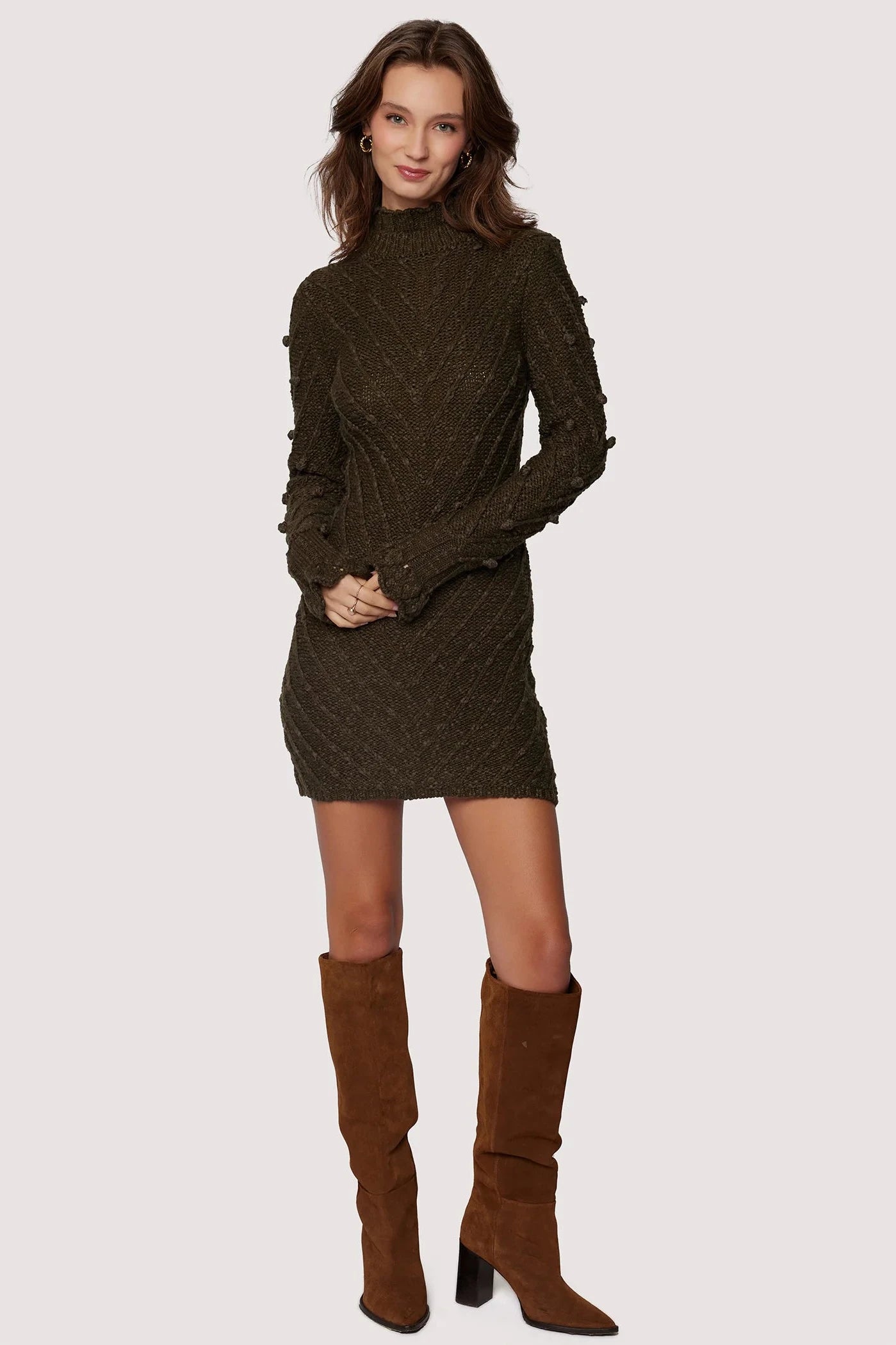mock neck long sleeve sweater dress Spandex Blend Rayon Blend Denim Blend