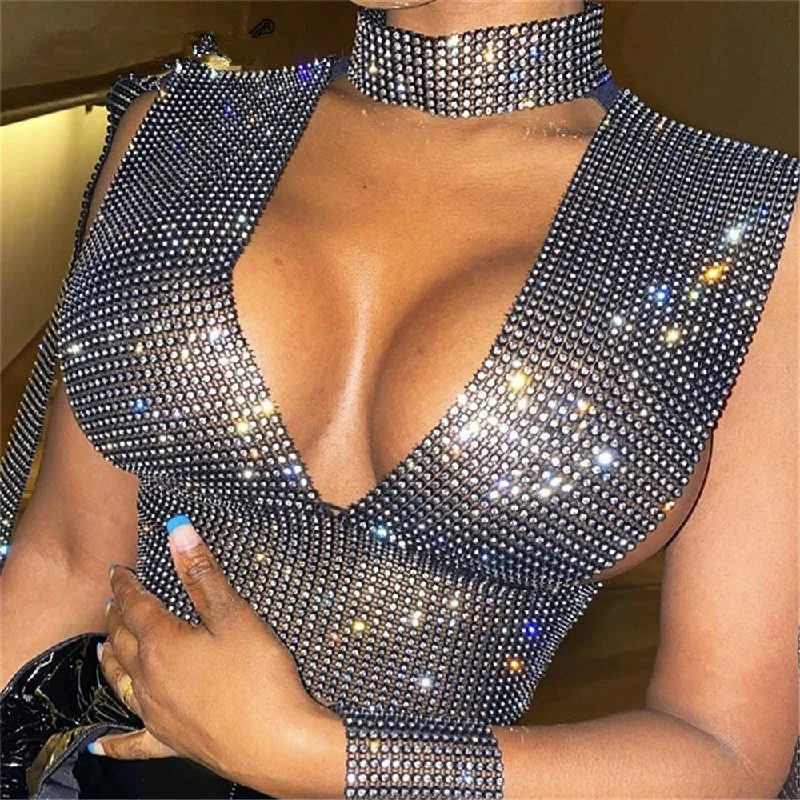NOVANCE YX1193 rhinestone studs for clothing Diamante trendy crop tops for women Sexy Crystal night sexy club wear bodycon Lace Blend Ribbed Blend Corduroy Blend