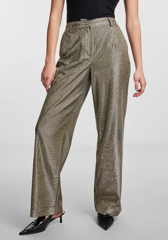 Y.A.S Styles High Rise Shimmery Metallic Wide Leg Trouser, Gold Trousers Capri Summer