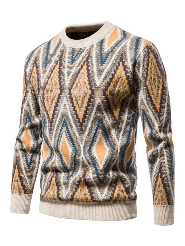 Diamond Jacquard Men Crew Neck Pullover Sweater Solid Print Embellished