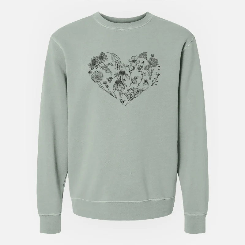 Heart Full of Blooms and Bees - Unisex Pigment Dyed Crew Sweatshirt Hoodie with Bell Sleeves Flared Feminine