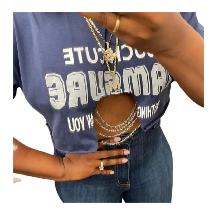 OSINA Best Design Sexy Tops Short Sleeve Letter Print Chain Amazon Top Seller Crop Top T Shirt Welt Pockets Slit Pockets Flap Pockets