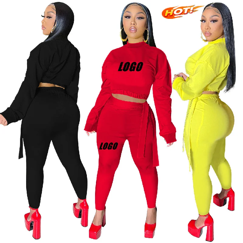 2022 Women clothes Sport Two Piece Jogging Set Fall Women Clothing Solid Crop Top And Bandage Pants Suit Fleece Nylon Spandex