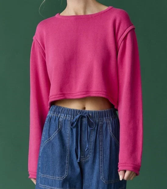 Piped shoulder unfinished hemmed sweater Fitted Slim Tailored