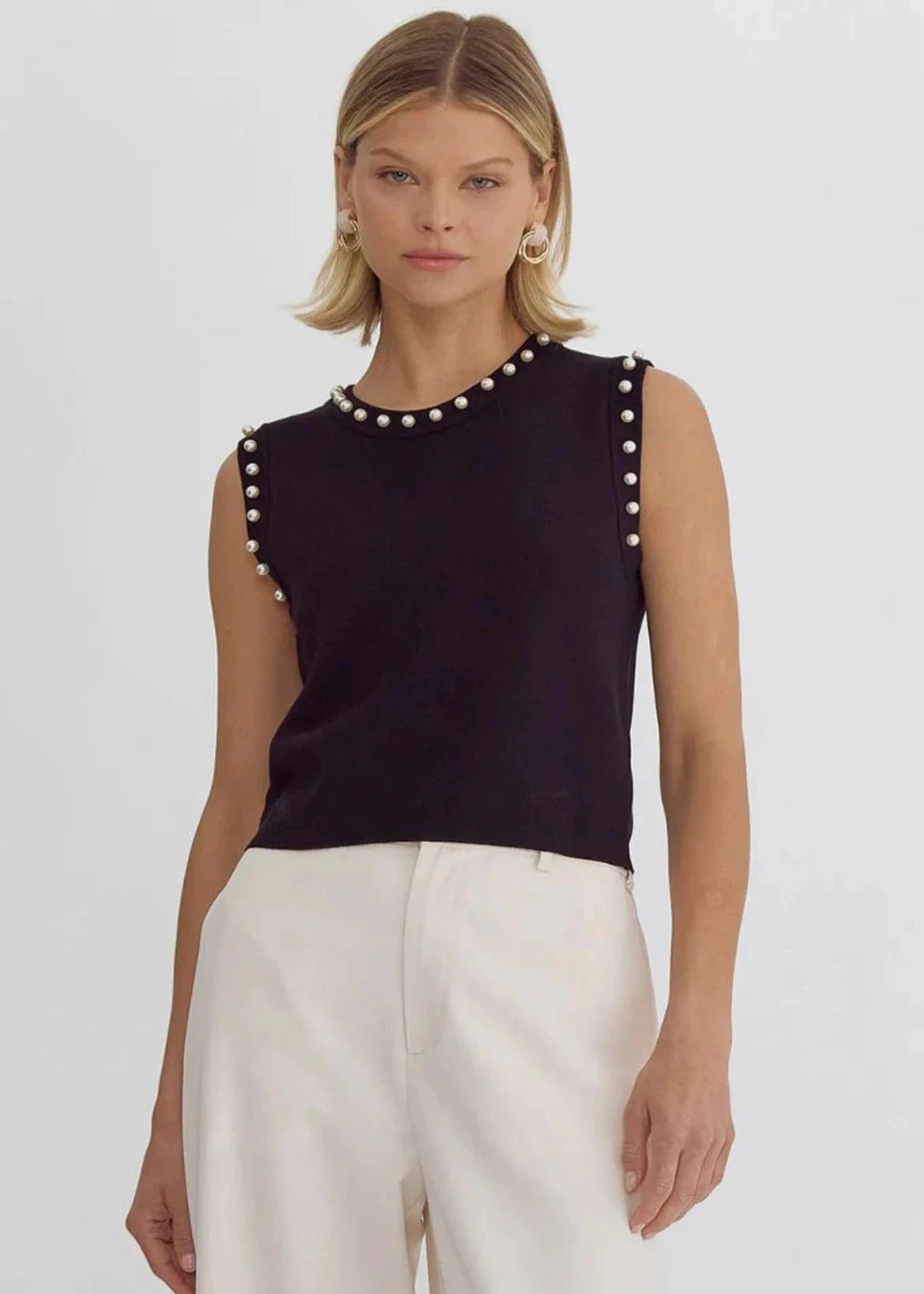 pearl trim sweater tank Lace Blend Ribbed Blend Corduroy Blend
