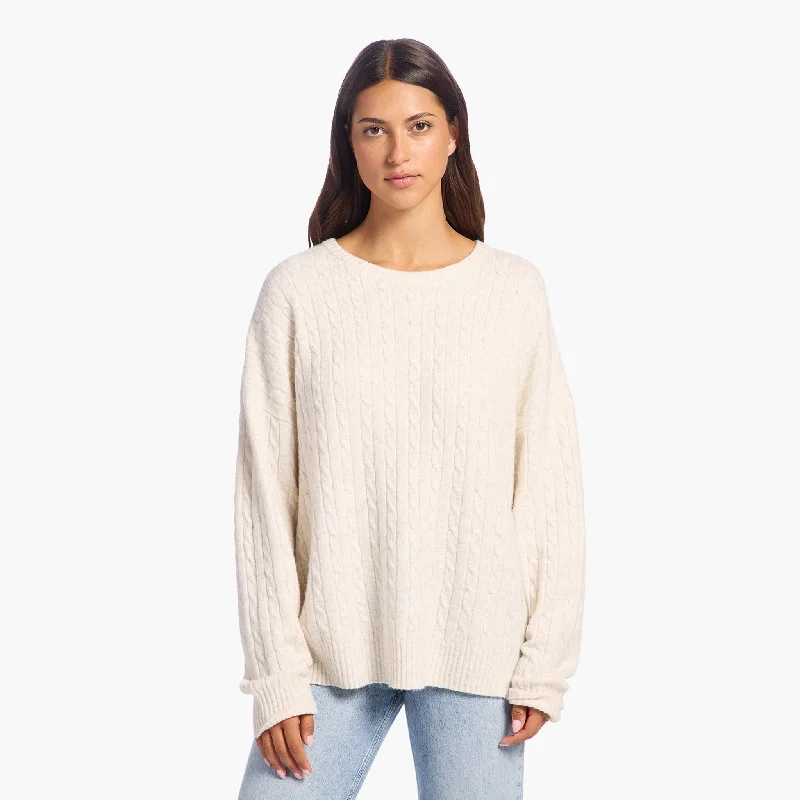 Cozy Knit Cable Crewneck Sweater | Heather Bone Graphic Sweater Embroidered Appliqued