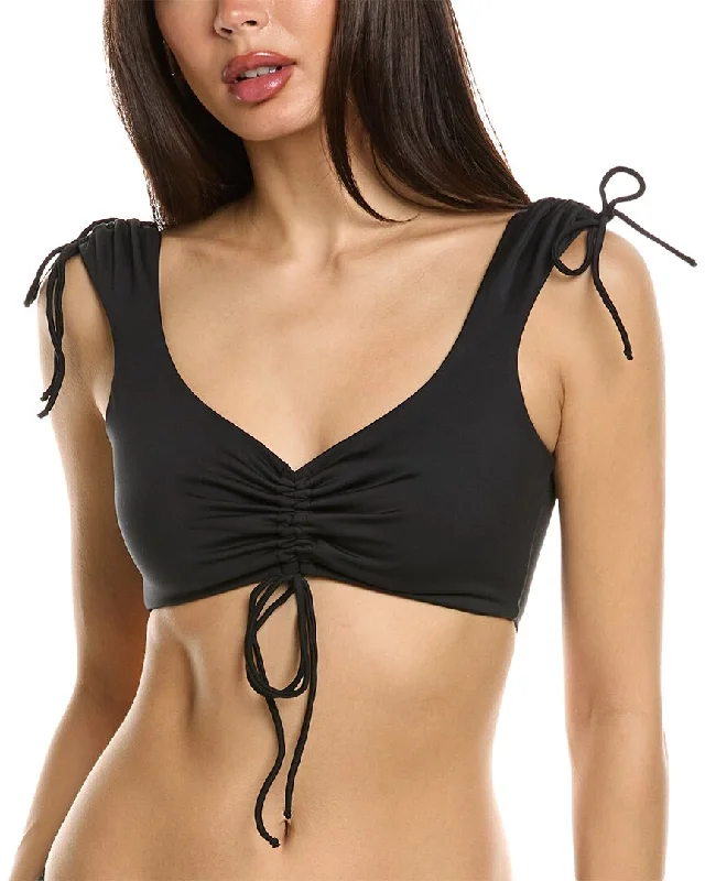 Frankie's Bikini's Womens Frankies Bikinis Windy Ruched Crop Top, Xl, Black Hooded Caped Shawl Collar