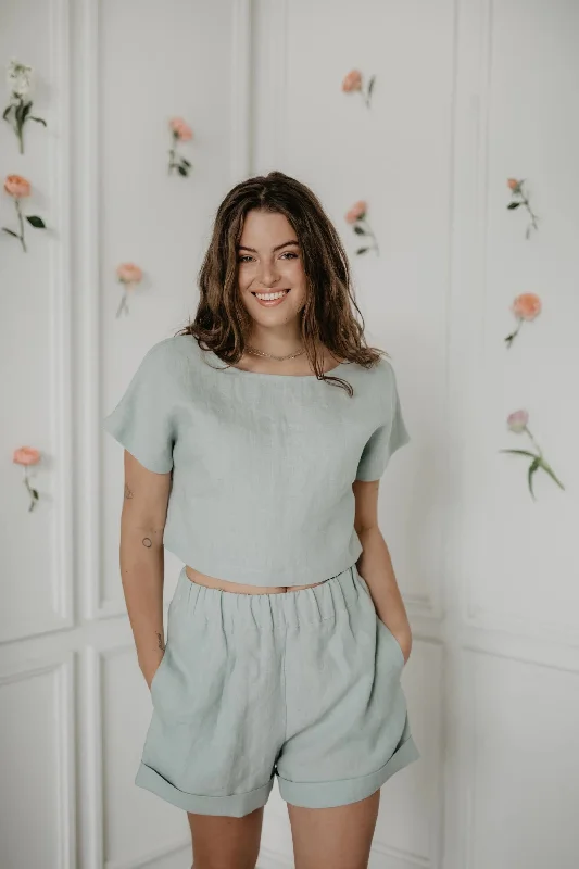 Linen crop top with buttons LISA XL Sage Green Elegant Classic Vintage