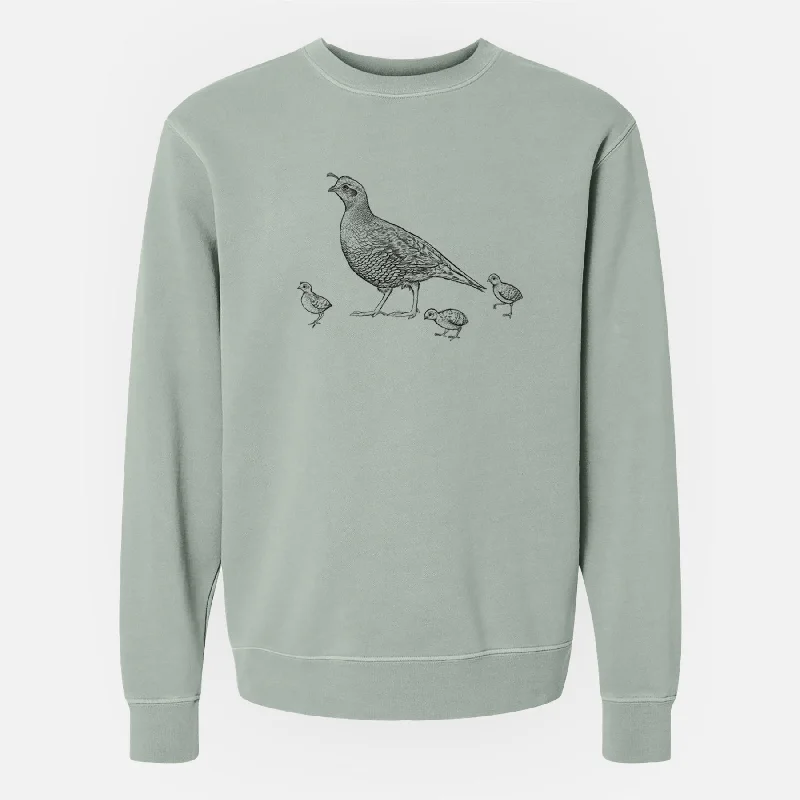 California Quail with Babies - Callipepla californica - Unisex Pigment Dyed Crew Sweatshirt Hoodie with Patch Decorative Personalized