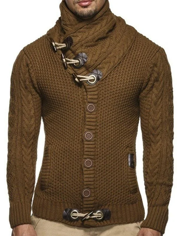 Turtleneck Button Men Cardigan Sweater Solid Color Striped Floral Print