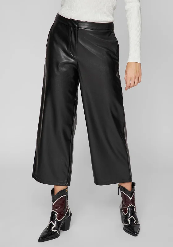 Vila Dagmar Faux Leather Wide Leg Cropped Trouser, Black Trousers Ceremony Elegant