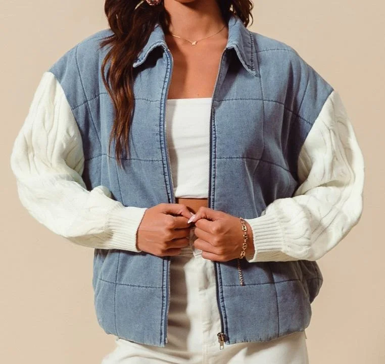 Square quilted denim zip up with knit sweater sleeves Glossy Satin Silk
