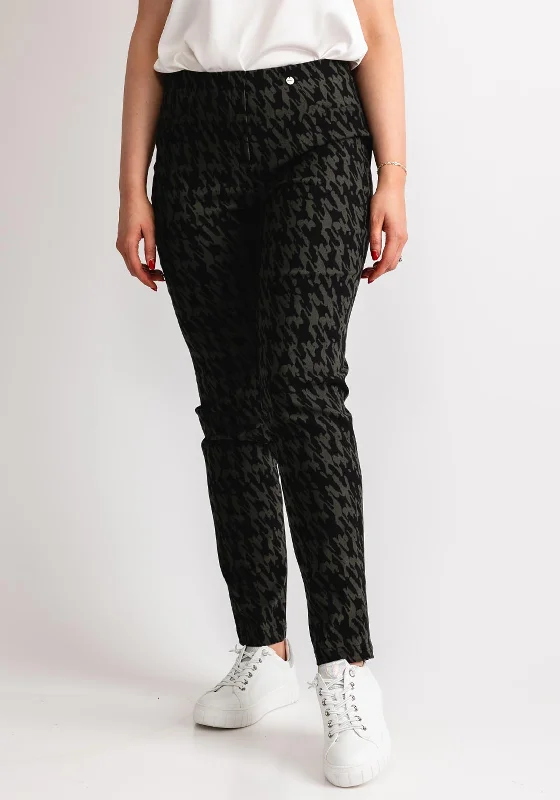 Robell Bella Houndstooth Slim Fit Trousers, Green Trousers Business Professional