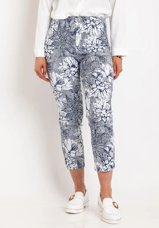 Robell Lena 09 Slim Fit Stretch Ankle Grazer Print Trousers, Navy Trousers Corduroy Warm