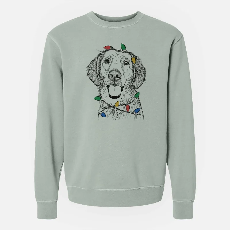 Christmas Lights Riley the Golden Retriever - Unisex Pigment Dyed Crew Sweatshirt Hoodie with Raw Hem Edgy Unfinished