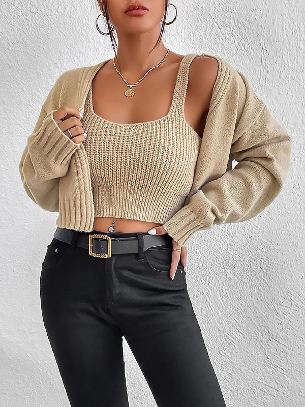 Plain Sweater Cami and Cardigan Set High Neck Crew Neck V-Neck