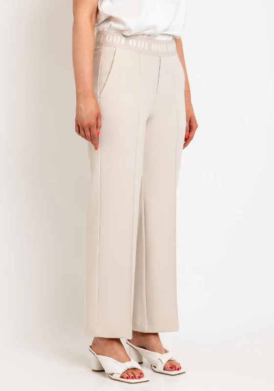 Oui Logo Waist Straight Leg Trousers, Beige Trousers Top Rated