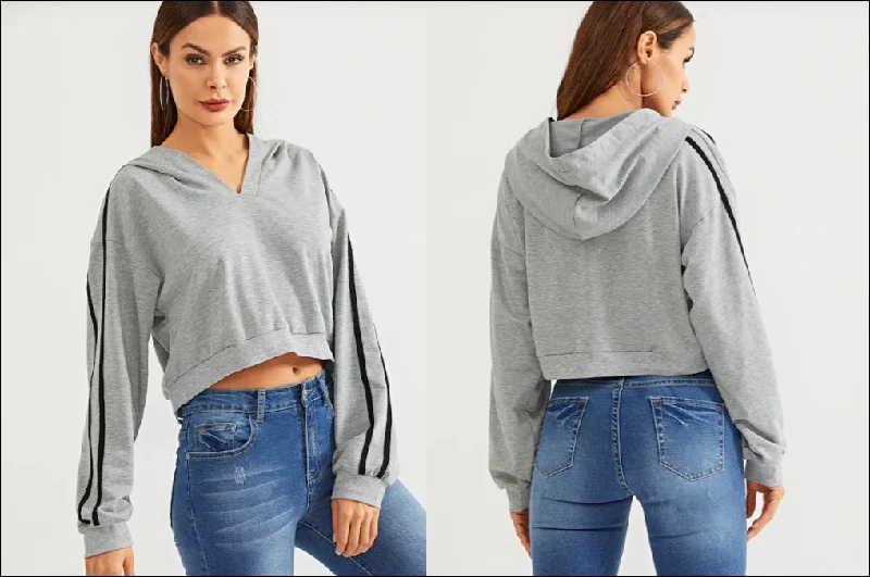Women Striped Sleeve Heather Knit Crop Top Sports Hoodie / Gym Top Cashmere Blend Cotton Blend Poly Blend