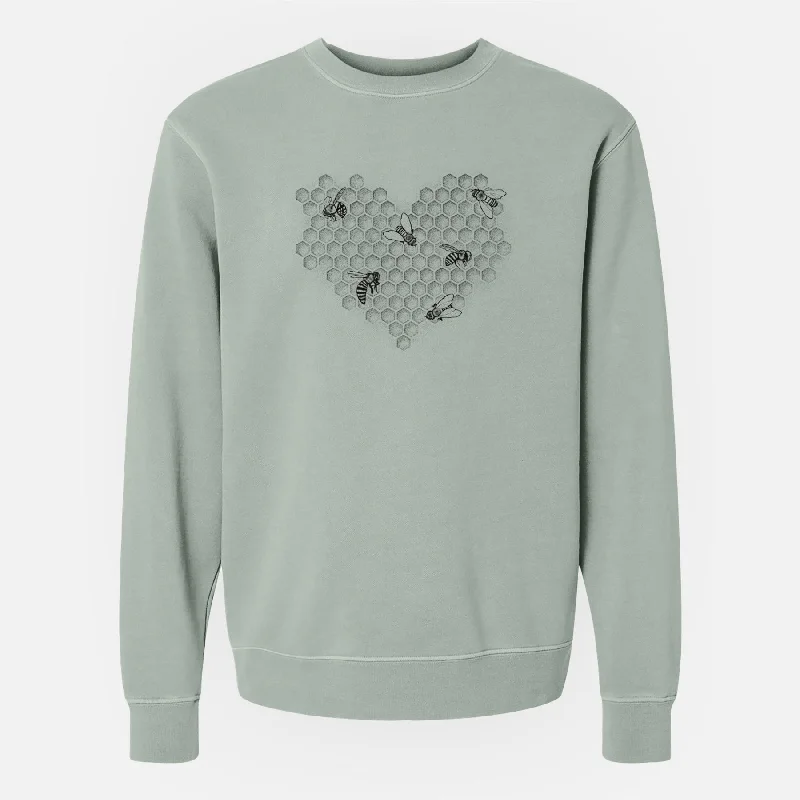 Honeycomb Heart with Bees - Unisex Pigment Dyed Crew Sweatshirt Hoodie with Tie-Dye Psychedelic Retro