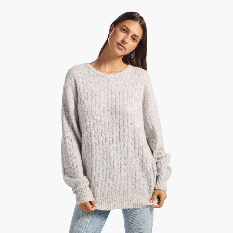 Cozy Knit Cable Crewneck Sweater | Heather Grey Welt Pockets Slit Pockets Flap Pockets