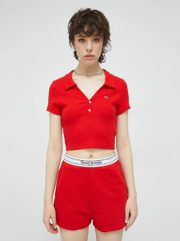 Γυναικεία polo μπλούζα crop top TJW ESSENTIAL V-NECK POLO DW0DW15322XNL | DW0DW15322XNL Lace Blend Ribbed Blend Corduroy Blend
