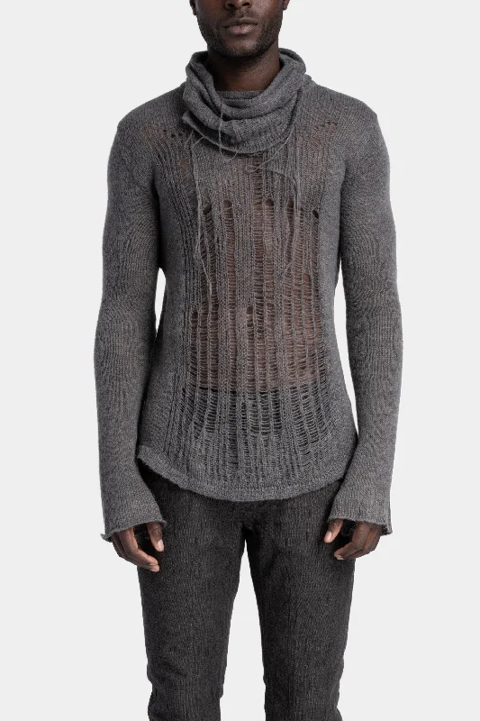 Distressed knit sweater, Grey Beaded Sweater Sequined Faux Fur