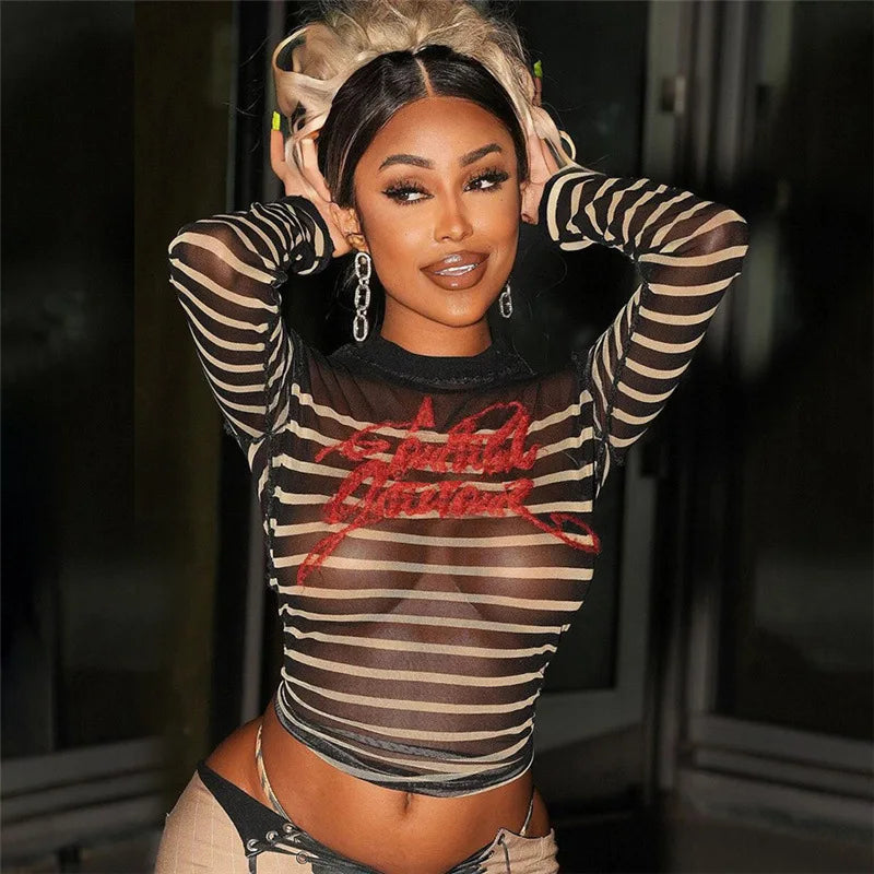Bomblook C1104TP01 Fall Crew Neck Letter Print Tees Y2K Printed Crop Top Women Streetwear Ladies Long Sleeve Sheer Top Elasticated Padded Insulated