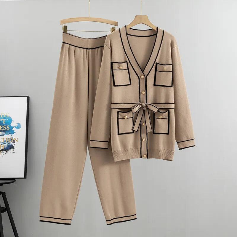 Multi-pockets Two-Piece Women Pants Sweater Set Layered Multi-layer Single Layer