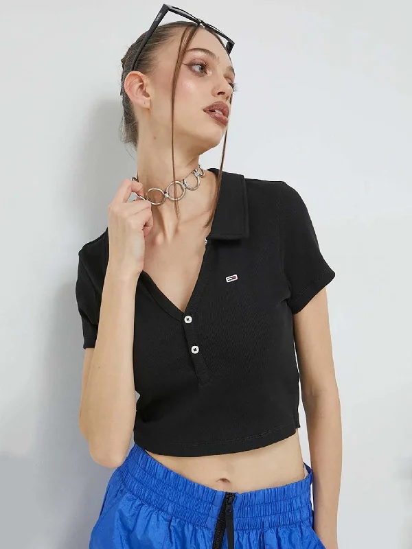 Γυναικεία polo μπλούζα crop top TJW ESSENTIAL V-NECK POLO DW0DW15322BDS | DW0DW15322BDS Houndstooth Herringbone Solid