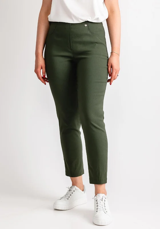 Robell Slim Fit Bella Trousers, Khaki Green Trousers Running Lightweight