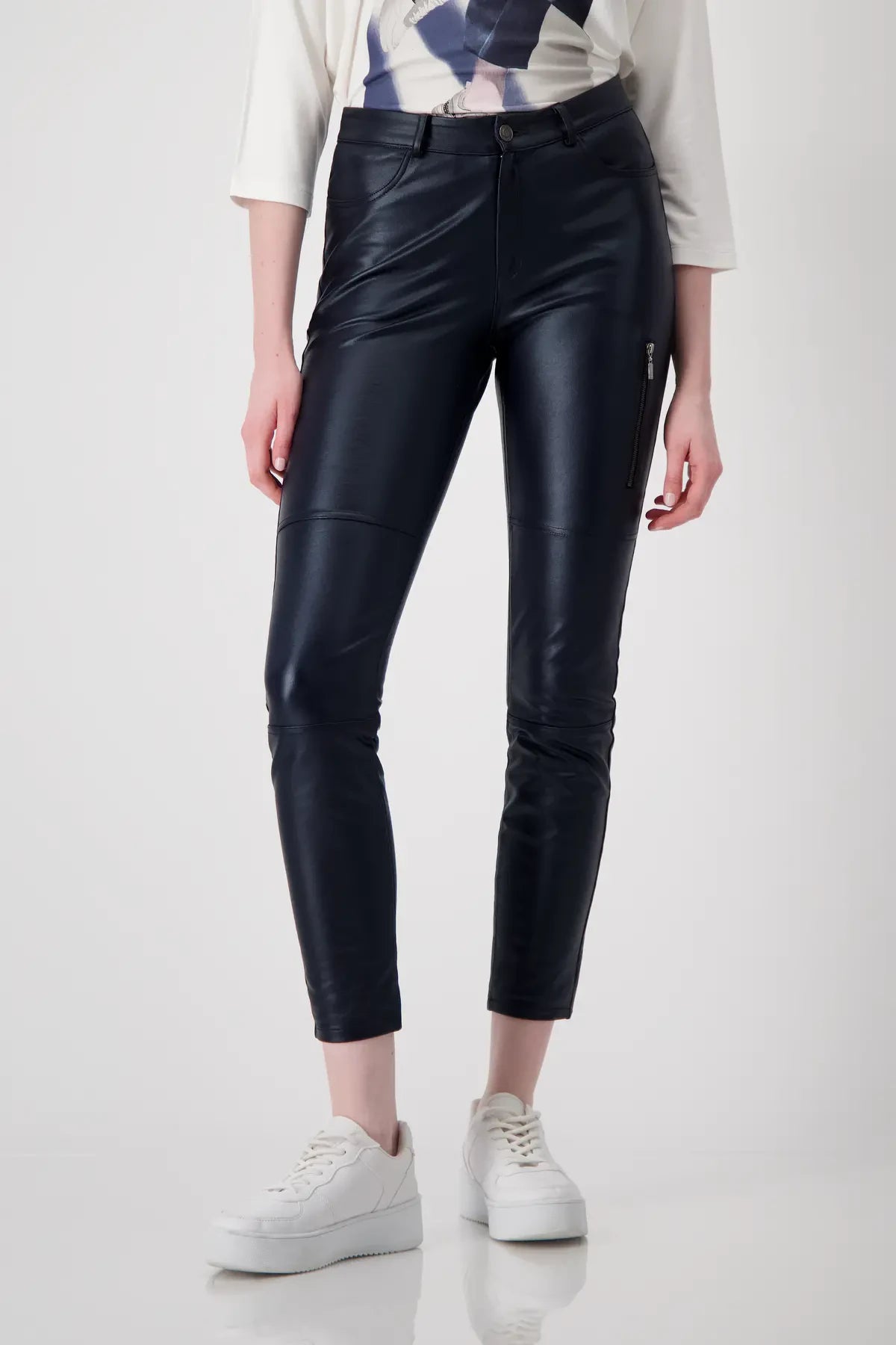 Monari Metallic Skinny Fit Trousers, Navy Trousers Seasonal Trendy