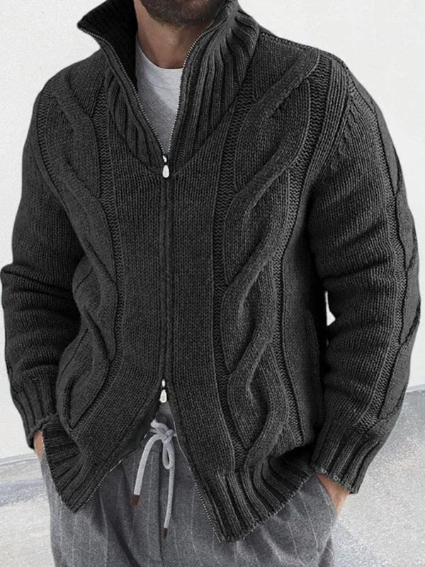 Cable Zipper Men Cardigan Turtleneck Sweater Open Front Closed Front Wrap Front