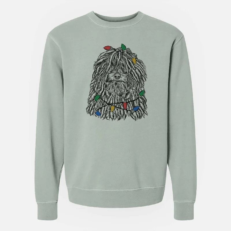 Christmas Lights Rezi the Puli - Unisex Pigment Dyed Crew Sweatshirt Hoodie with Earth Tones Natural Calm