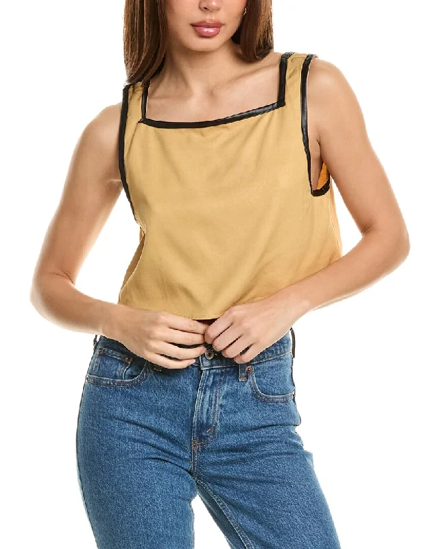 Weworewhat Linen-Blend Crop Top Ribbed Crop Top High Neck Heavyweight