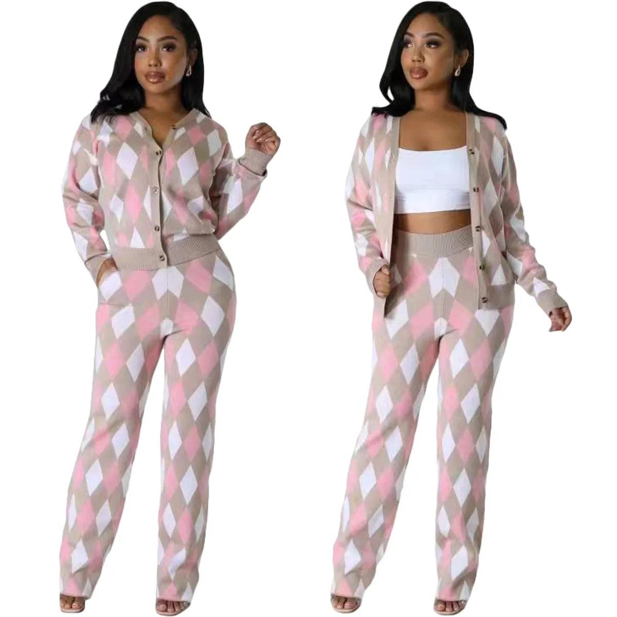 Plaid Cardigan Women Pants Sweater Set Mesh Sweater Canvas Denim