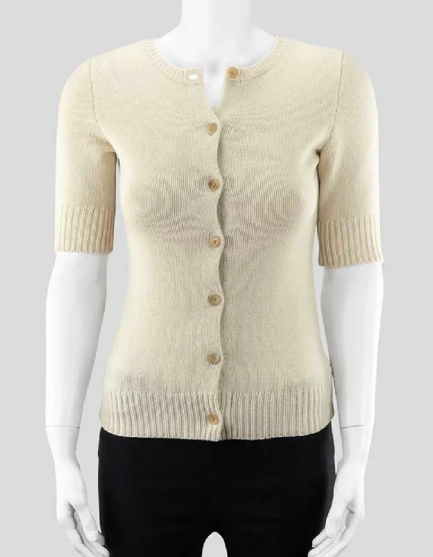Ralph Lauren Blue Label Women's Short Sleeve Button Front Cream Cashmere And Wool Sweater Size Small Thin Thick Dense
