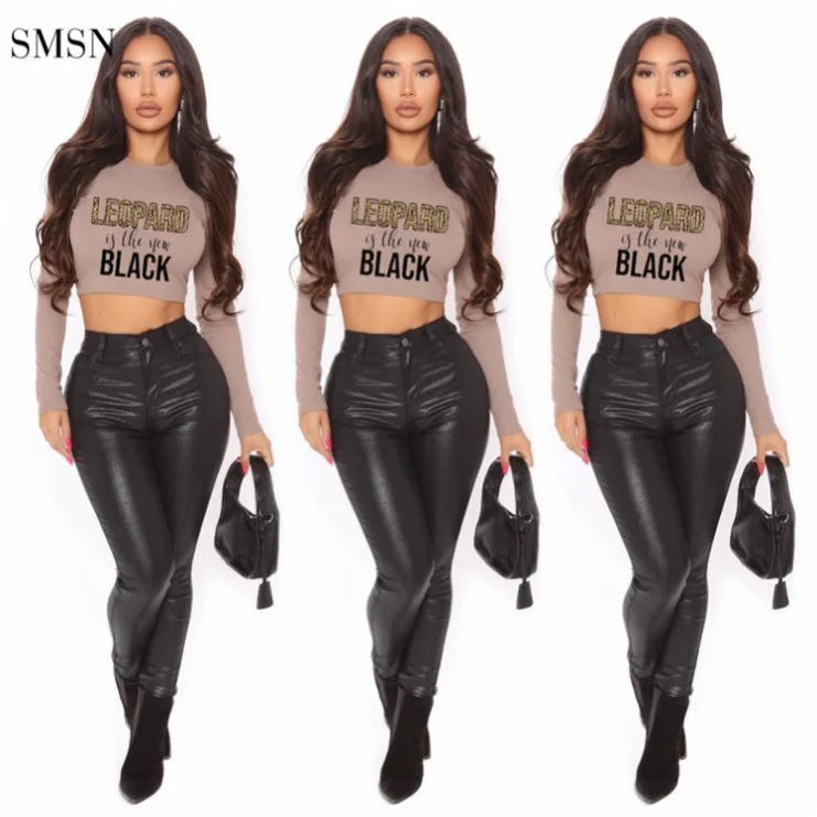 OSINA Best Design Autumn Long Sleeve Letter Print Back Bandage Rib Knit Sexy Crop Top T Shirt Women Notch Collar Peter Pan Collar Cowl Neck