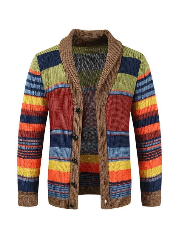 Multicolor Striped Men Cardigan Sweater Sweater Knitwear Pullover
