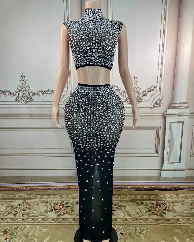 Hot Selling Rhinestone Custom Design Sets Skirt Large Diamond Crystal Crop Topand Long Skirt Sets Women 2 Piece Party Outfits Beaded Sequined Faux Fur