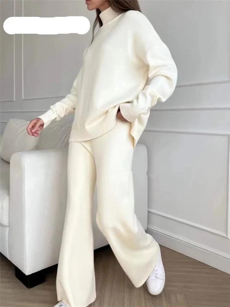Turtleneck Women Pants Sweater Set Cable Knit Ribbed Knit Lace Knit