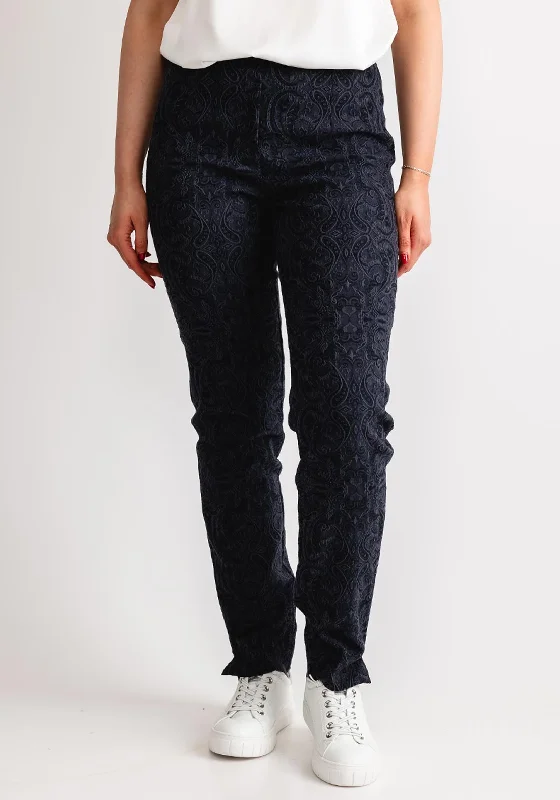 Robell Marie Jacquard Slim Fit Trousers, Navy Trousers Travel Practical