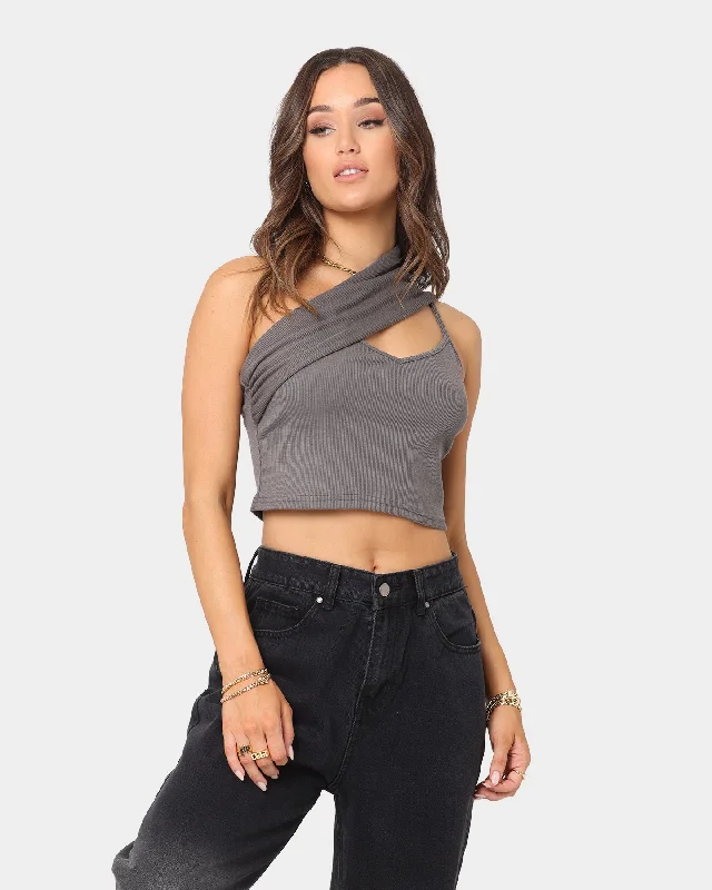 XXIII Women's Aisha Side Strap Crop Top Charcoal Satin Blend Silk Blend Wool Blend