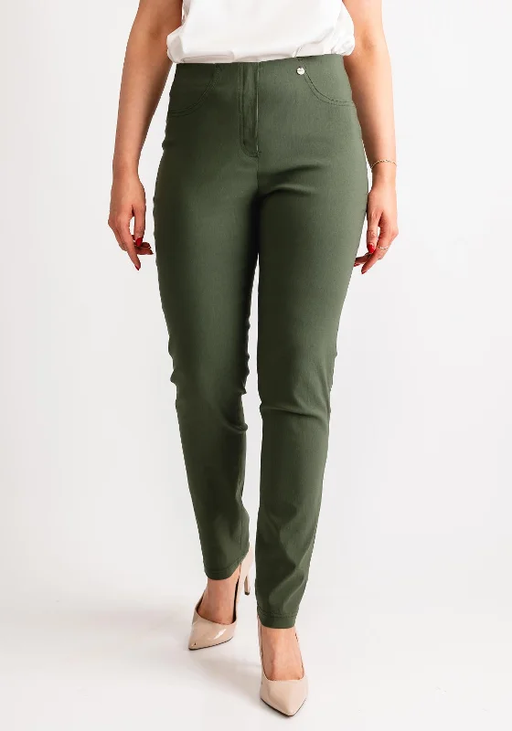 Robell Bella Full Length Slim Fit Trousers, Moss Green Trousers Running Lightweight