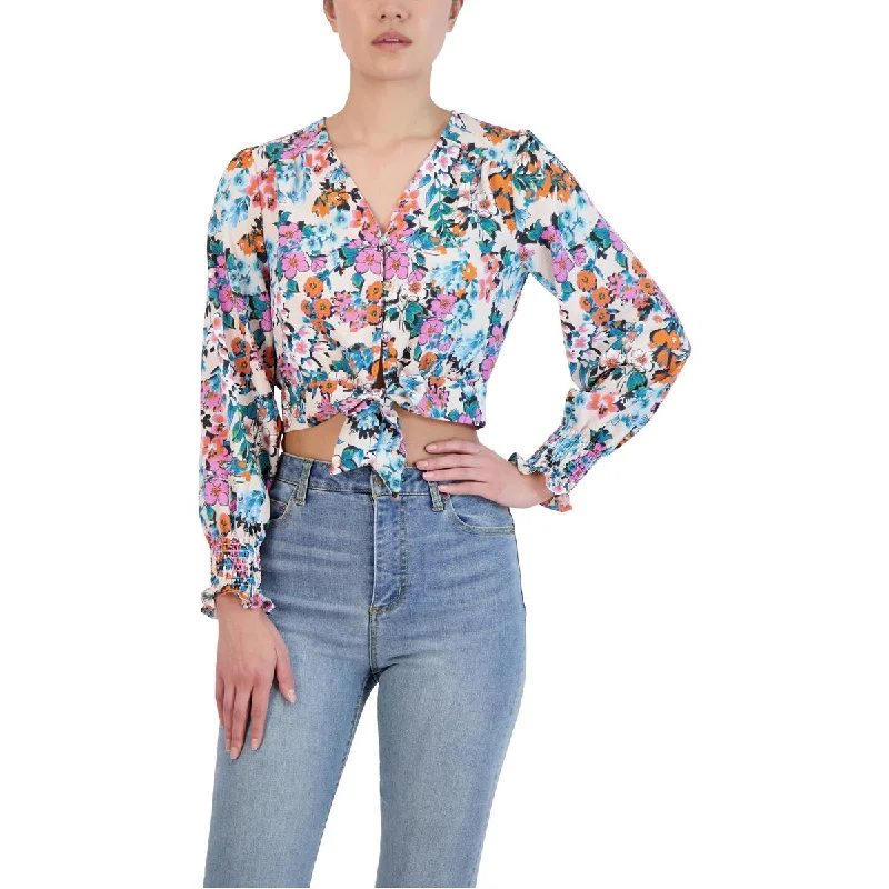 BCBGeneration Women's Floral Print Smocked Tie Front Crop Top Mesh Blend Leather Blend Suede Blend
