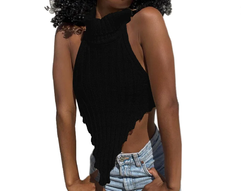 2022 Custom logo spring sexy backless crop top irregular high collar mini vest solid fashion serration woolen tank top Rayon Fabric Velvet Fabric Corduroy Fabric