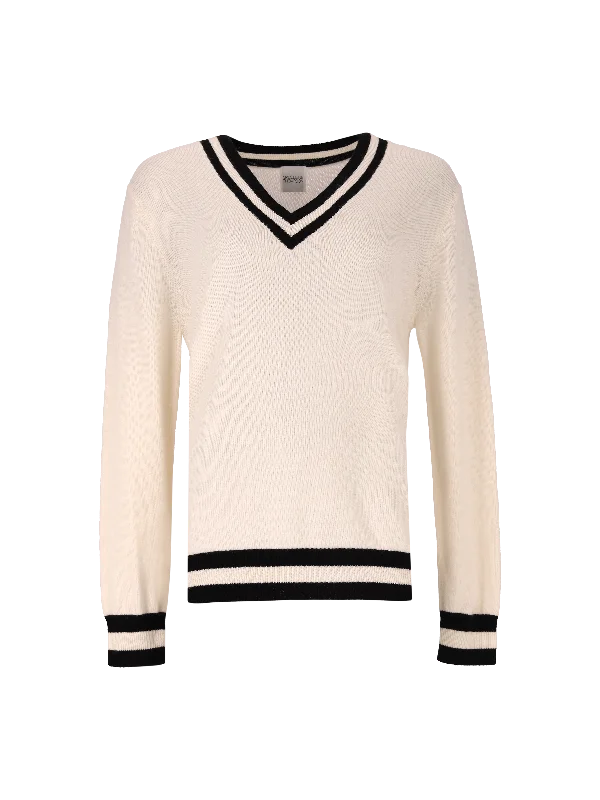 contrast-stripe v-neck wool sweater Stretchy Elastic Breathable