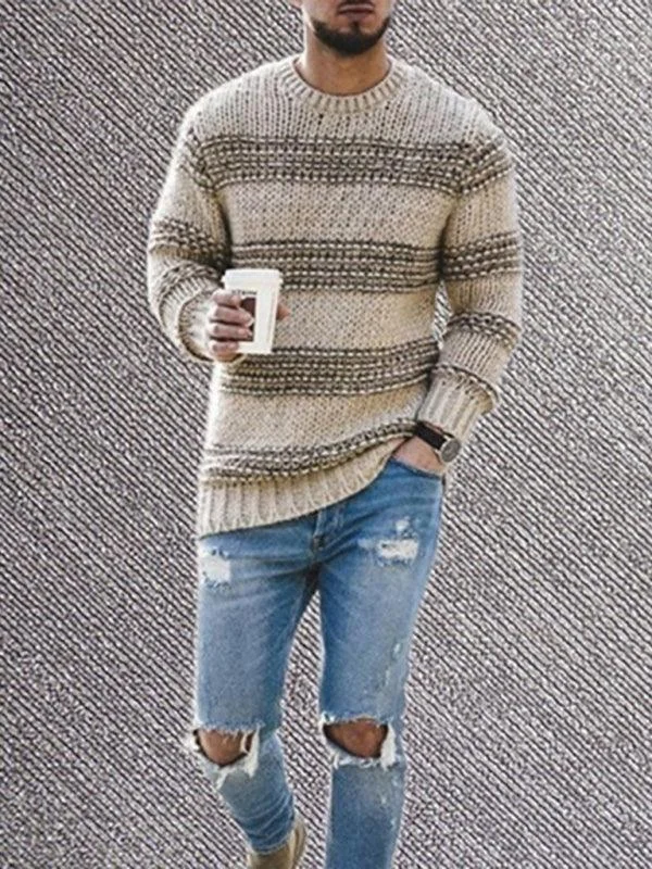 Striped Round Neck Men Pullover Sweater Lace Blend Ribbed Blend Corduroy Blend